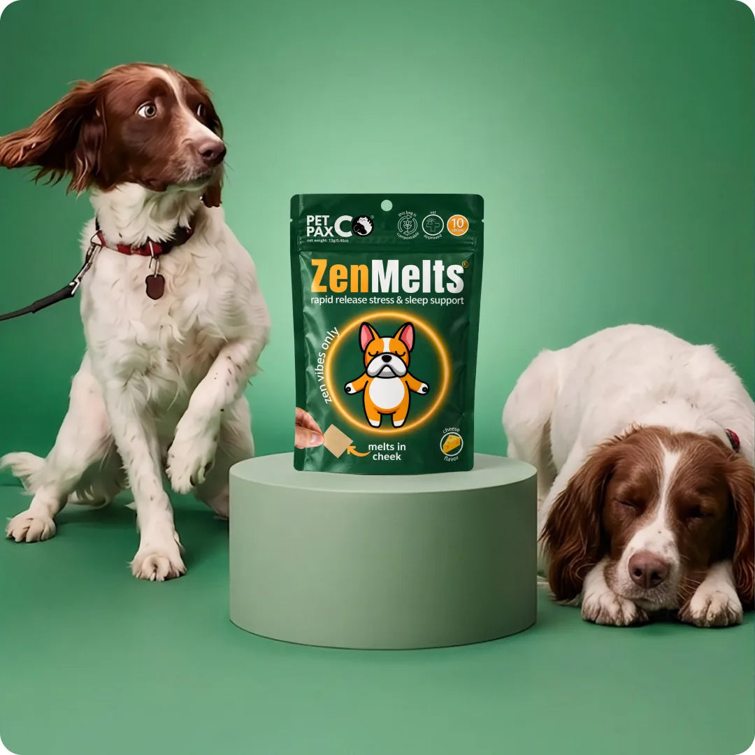 Two spaniels on a green set beside a ZenMelts pouch on a pedestal