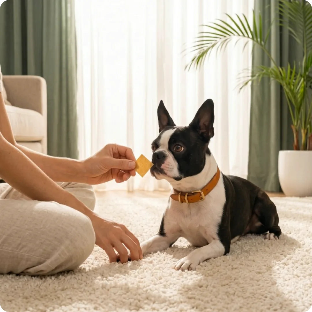 Boston terrier taking a ZenMelts strip from its owner's fingers