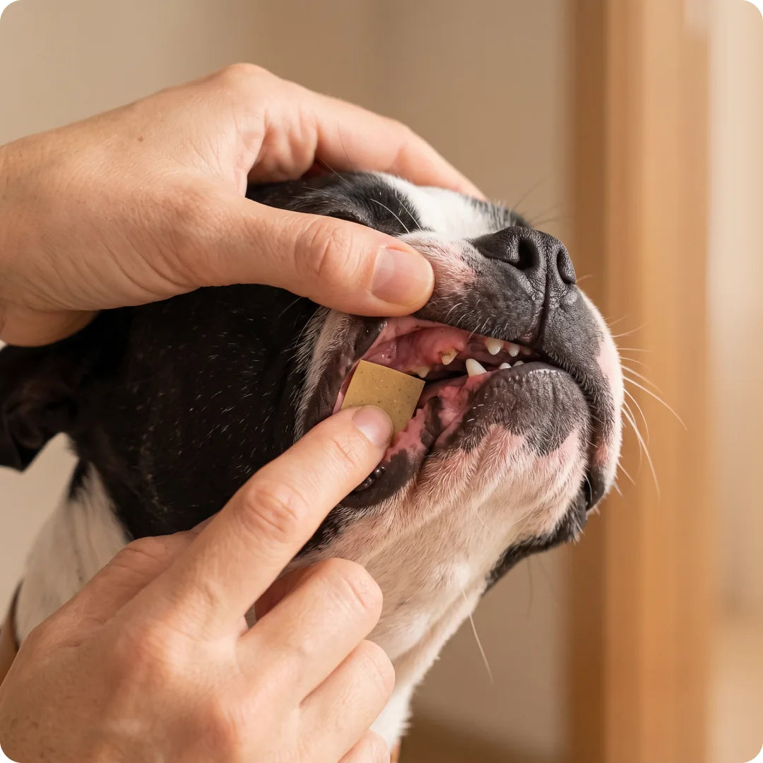 Close-up of a ZenMelts strip being placed in a dog's cheek pocket
