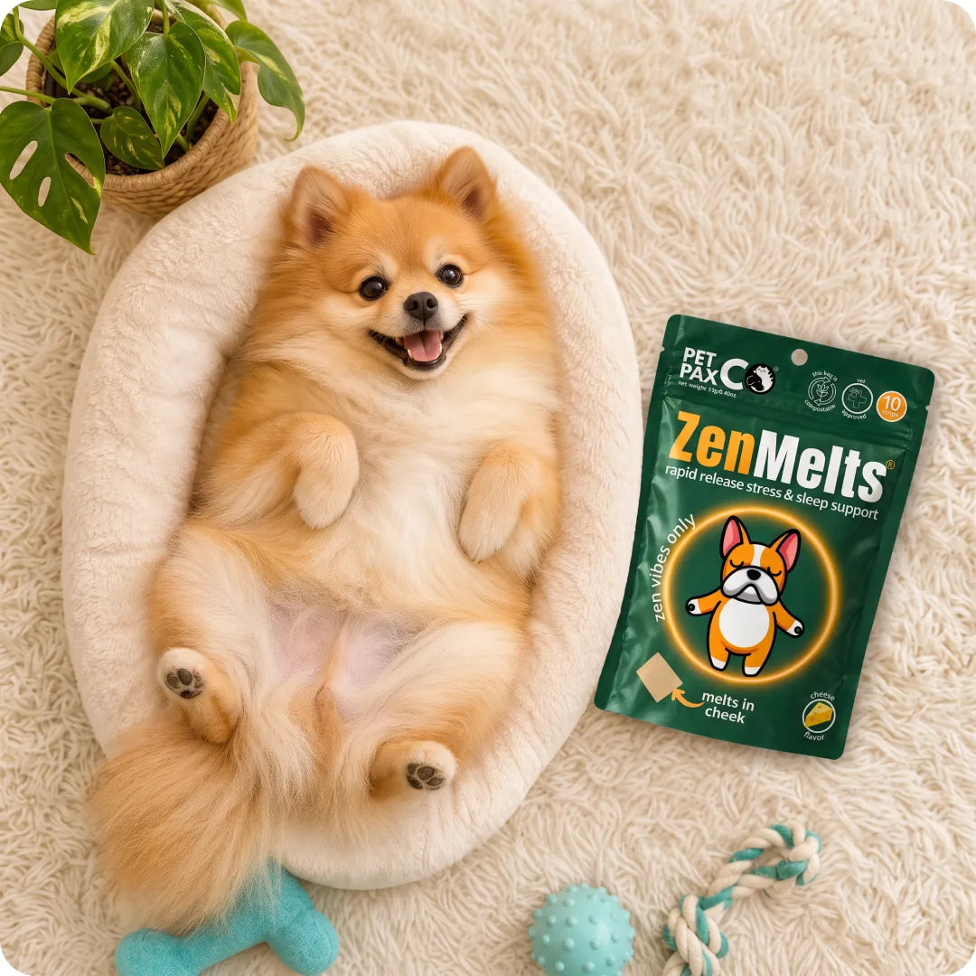 Happy Pomeranian lying in a dog bed next to a ZenMelts pouch